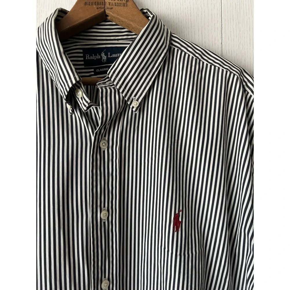 Vintage Ralph Lauren Classic Fit Shirt Mens 16.5 L Black White Stripe Red Pony